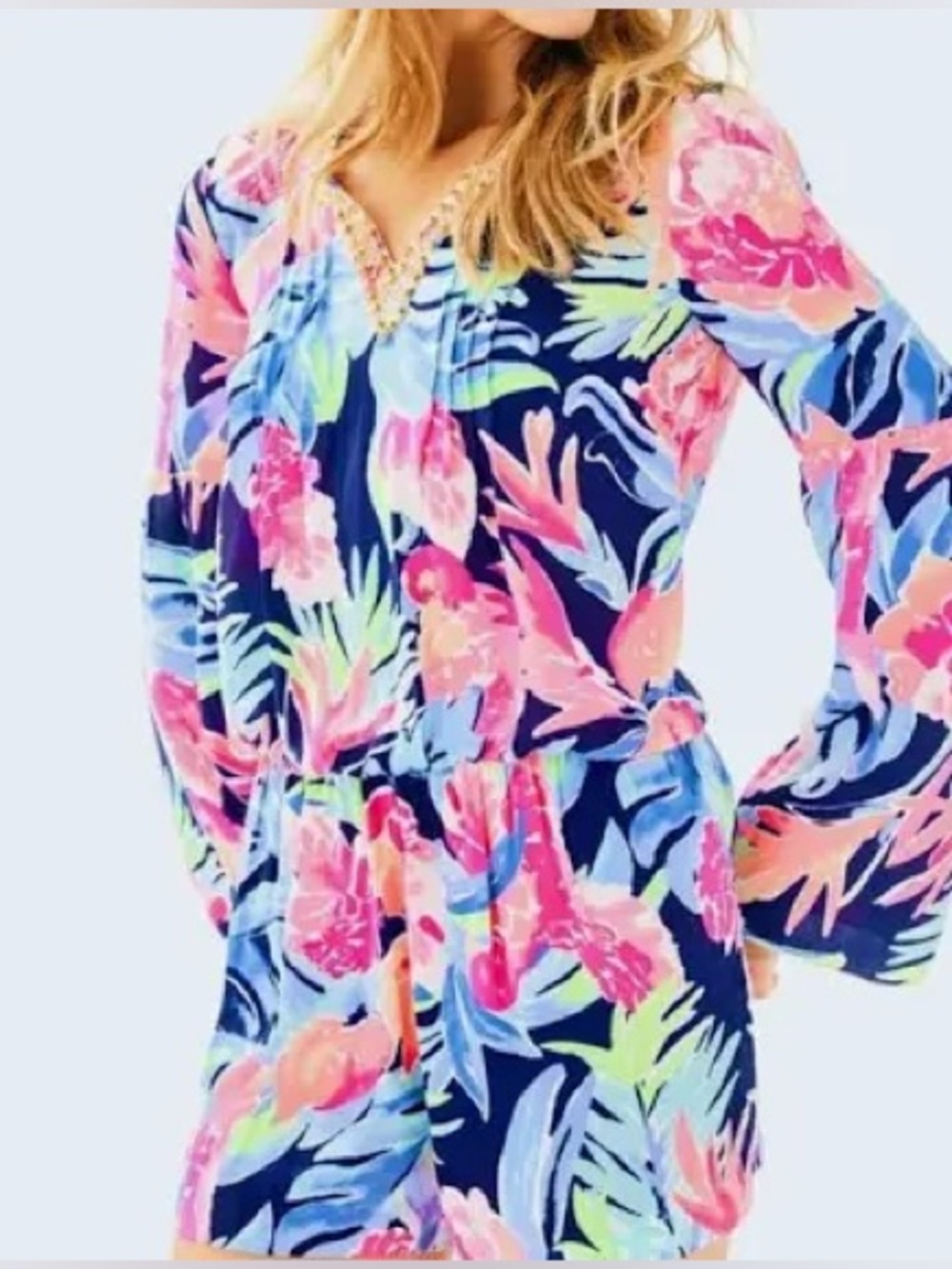Lilly Pulitzer Beaded V-Neck Floral Silk Romper in Navy and Pink